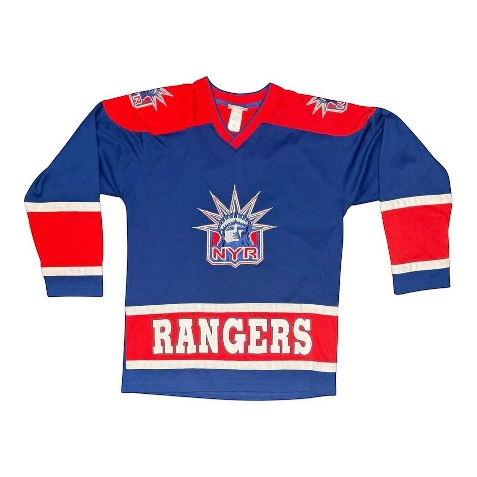 The Room Collective Vintage New York Rangers Brian Leetch Lady Liberty hockey jersey, blue with red accents, size XL.